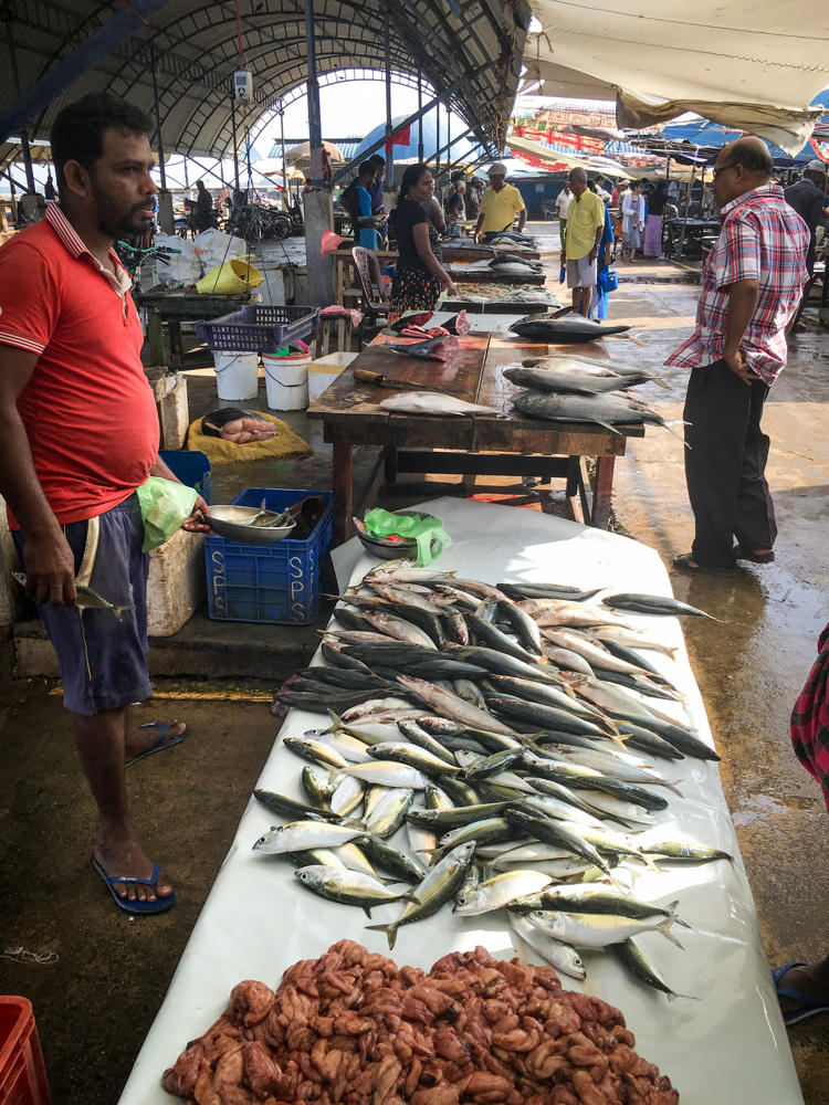 A busy covered fish market where a vendor in a red shirt stands beside a long white table covered with rows of fresh silver fish and a pile of reddish prawns or shrimp in the foreground. Across from him a man in a checked shirt browses, while other vendors and shoppers move among the stalls under an arched metal roof.