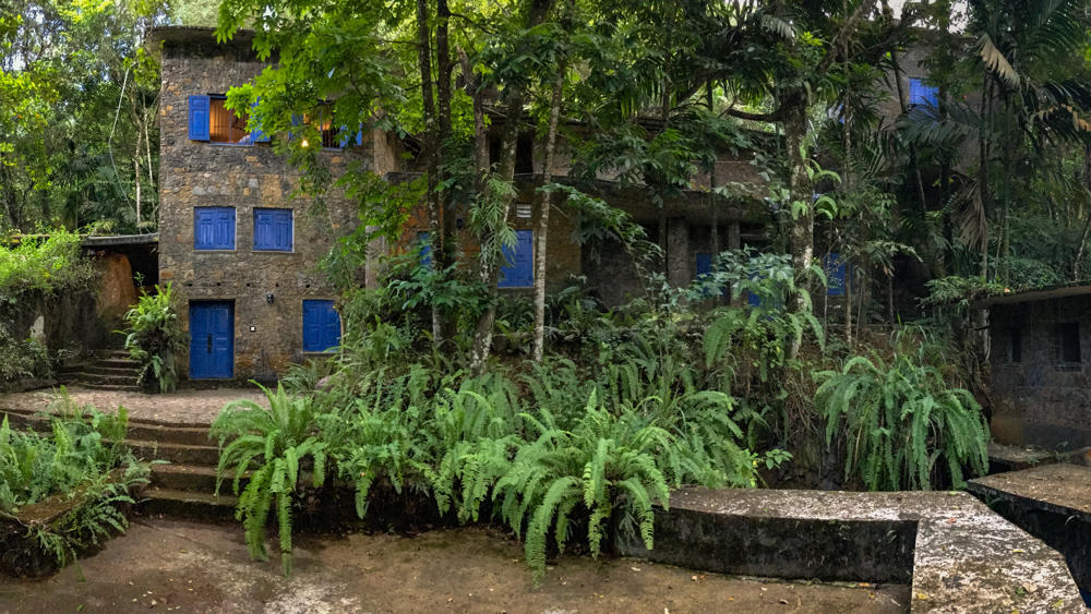 A multi-story stone building with bright blue shuttered windows and doors set deep within lush tropical rainforest, surrounded by tall trees, ferns, and dense green foliage. A smaller stone outbuilding stands to the right, with stone steps and a paved area in the foreground.
