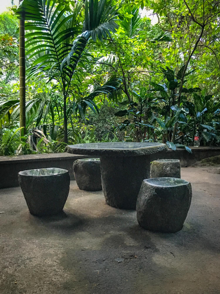 A set of rough-hewn stone table and stool seats arranged on a concrete patio surrounded by dense tropical greenery, with palms, ferns, and broad-leaved plants in the background. A red-labeled bottle sits on a low wall to the right.