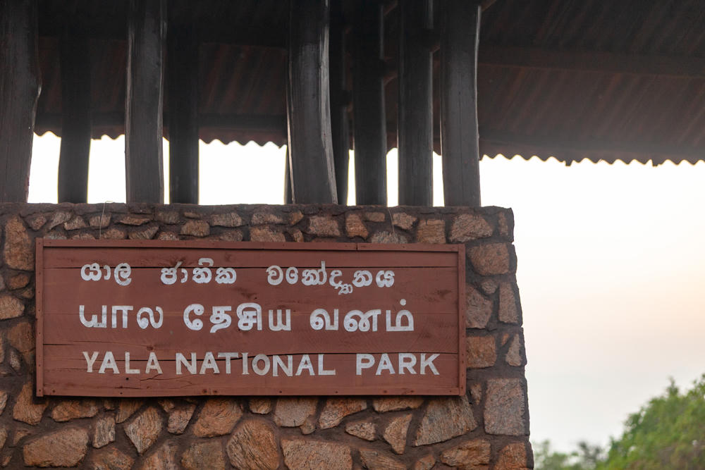An entrance sign for Yala National Park written in Sinhala, Tamil, and English in white lettering on a brown wooden board, mounted on a rough stone pillar beneath a dark wooden shelter, with a pale sky and green foliage visible at the lower right.