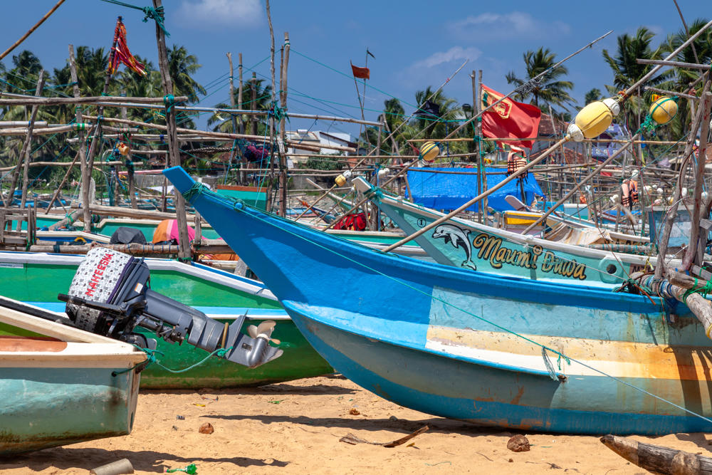 Colorful wooden fishing boats pulled up on a sandy beach, with a bright blue boat bearing a painted dolphin and the name “Maumi Duwa” in the foreground beside a green boat with an outboard motor. Behind them, rows of moored boats fly red flags amid wooden masts, fishing nets, and palm trees under a bright blue sky.