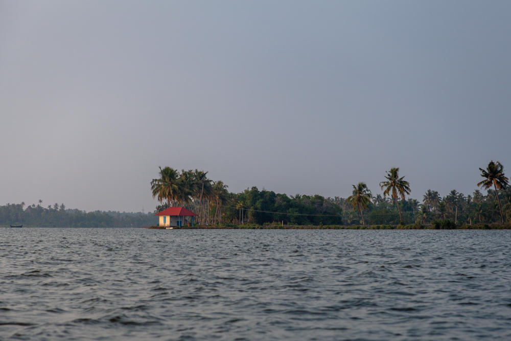 A small white building with a red pitched roof sits on a low, palm-fringed shoreline across calm gray backwaters under a hazy pale sky. Tall coconut palms and dense green vegetation line the distant bank.