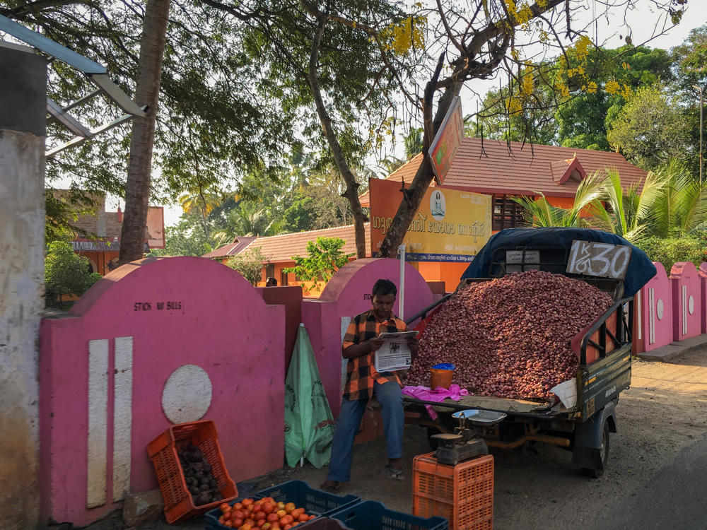 A street vendor in an orange checked shirt reads a newspaper beside an auto-rickshaw truck heaped with red shallots, priced at 30 per kilo on a chalkboard sign, along a roadside in Kerala. In front stand crates of tomatoes and other produce with a weighing scale, set against a bright pink temple wall and lush trees.