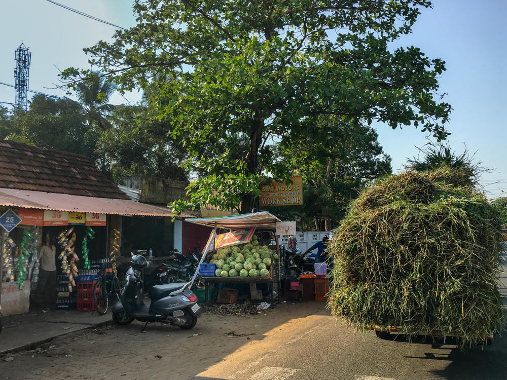 A rural roadside scene in Kerala with a cart heavily overloaded with green fodder or grass parked on the paved road, beside a small market stall selling watermelons under a tarp. A black scooter is parked in front of a roadside shop displaying snacks and mobile phone signage, with a ‘Siva Motors Work Shop’ sign and lush trees and a cell tower in the background under a bright sky.