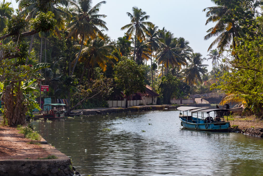 A calm backwater canal lined with tall coconut palms and lush green vegetation, with a small blue and white covered boat moored along the right bank and a paved walkway with a lamppost and buildings on the left.