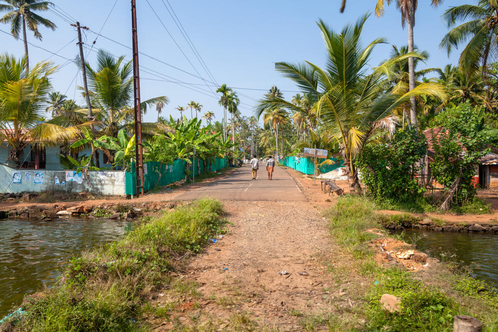 Two people walk away down a narrow paved village lane lined with coconut palms, banana plants, green corrugated fencing, and small houses, flanked on both sides by canal water under a bright hazy sky in Kerala.