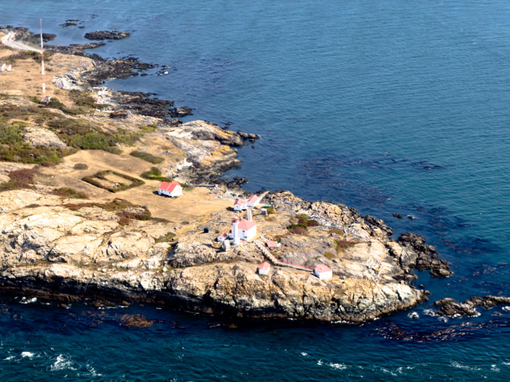 Aerial view of a rocky island lighthouse station surrounded by deep blue ocean, with several white buildings topped by red roofs, a short white lighthouse tower, connecting walkways, and a tall red-and-white radio mast on the golden-grassed terrain.