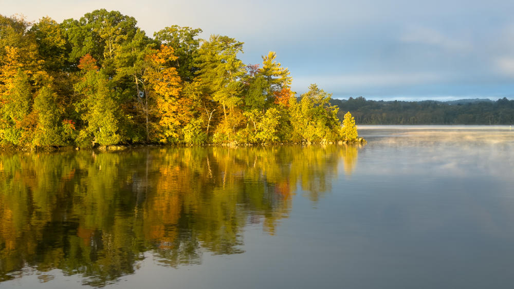 A calm bay in early morning light with a wooded shoreline of trees in fall colors — green, gold, and orange — mirrored in the still water, under a hazy sky with low clouds; a faint reflection on a window suggests the shot was taken from indoors.