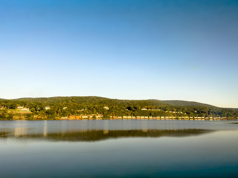 A long freight train runs along the far shore of a calm, wide river below forested hills dotted with houses, under a mostly clear blue sky, with the scene reflected in the still water in the foreground.